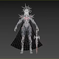 Woman With Spiked Headdress White Hair In Red Black Outfit Holding Red Longsword Spiral Cape