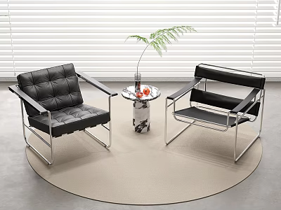 Modern Black Leather Leisure Chairs With Metal Frame Small Round Table On Round Rug 3d model