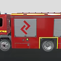 Red Fire Truck Featuring Blue Emergency Lights Yellow Stripes Silver Side Panels and Logo