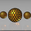 Three Spheres With Orange Dots Black Grid Larger Center Smaller Sides Gray Background And Reflection 3d model