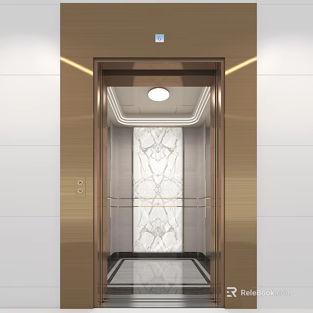 Modern Luxurious Elevator Interior With Golden Trim Marble Patterned Wall Ceiling Light And Handrails 3d model