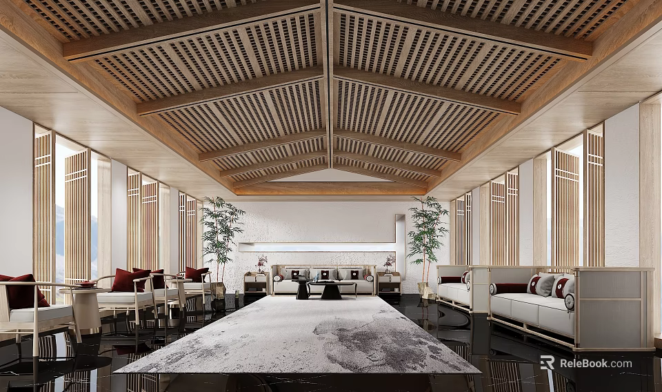 Elegant Hotel Public Lounge Area With Wooden Lattice Ceiling Large Windows And Green Plants 3d model 