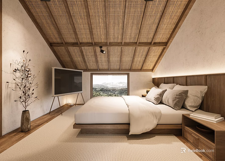 Serene Hotel Guest Room With Wooden Ceiling TV And Mountain View 3d model 