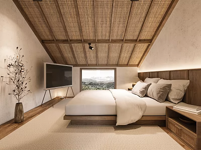 Serene Hotel Guest Room With Wooden Ceiling TV And Mountain View 3d model
