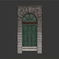 Green Wooden Door With Stone Wall Frame And Arched Top Design