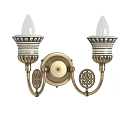 Vintage Brass Wall Sconce With Double Ceramic Shades And Decorative Patterns