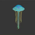 3D Model of Blue Jellyfish With Umbrella Shaped Body And Long Tentacles On Dark Background