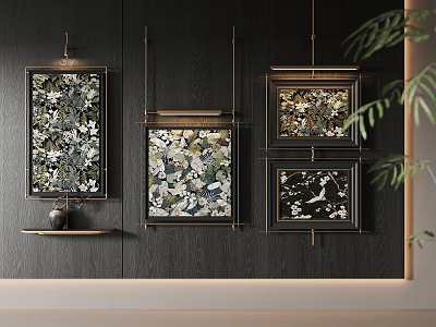Black Framed Botanical Paintings With Floral Patterns Hanging On Dark Wooden Wall With Green Foliage 3d model