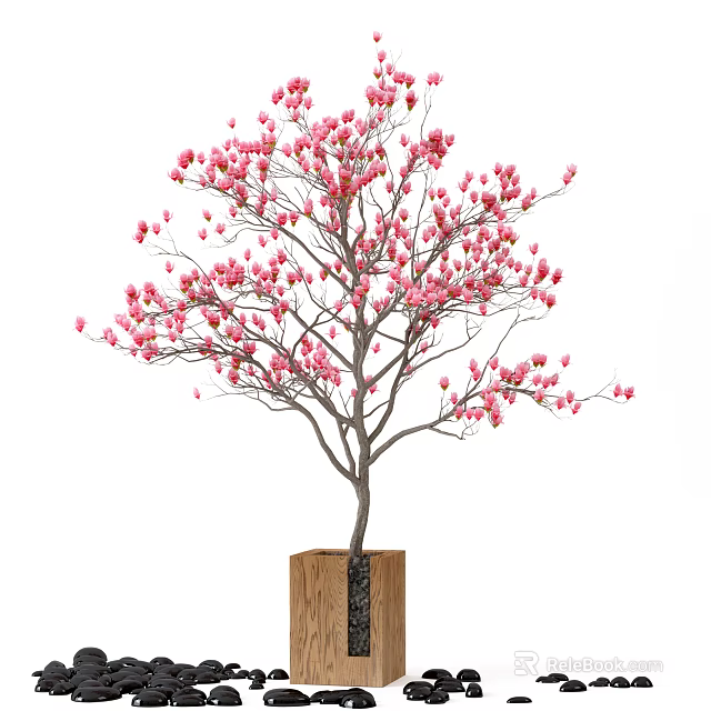 Bonsai Tree With Pink Flowers In Wooden Pot For Interior Decoration 3d model 