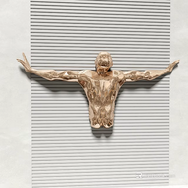 Golden Human Figure Wall Decoration With Outstretched Arms On Vertical Striped Background 3d model 