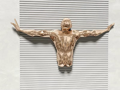 Golden Human Figure Wall Decoration With Outstretched Arms On Vertical Striped Background 3d model