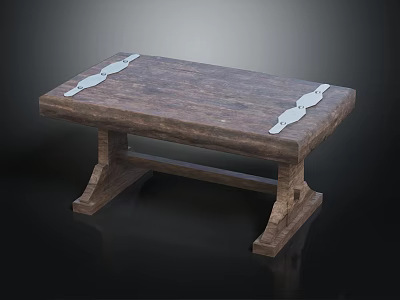 Rustic Wooden Table With Metal Decorative Strips On Tabletop And Sturdy Support Legs 3d model