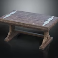 Rustic Wooden Table With Metal Decorative Strips On Tabletop And Sturdy Support Legs