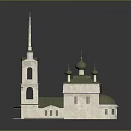 Cartoon Scene of White Building with Green Domes Tall Spire Green Roof and Windows