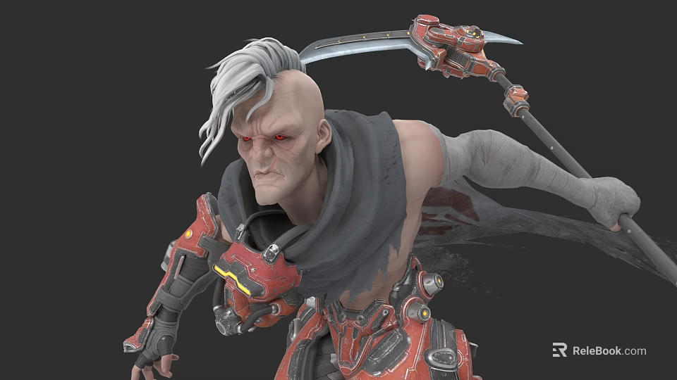 Fierce Game Movie Character With White Hair Red Eyes Red Black Armor Scythe Gray Cloak 3d model 