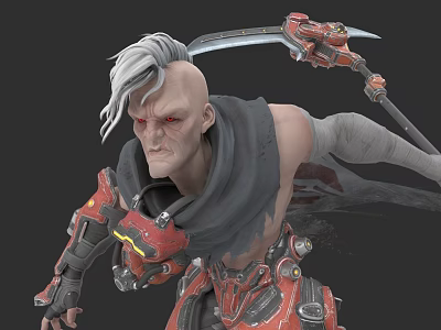 Fierce Game Movie Character With White Hair Red Eyes Red Black Armor Scythe Gray Cloak 3d model