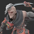 Fierce Game Movie Character With White Hair Red Eyes Red Black Armor Scythe Gray Cloak
