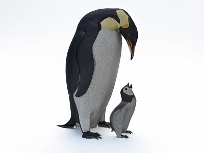 Adult Emperor Penguin Standing With Baby Penguin Chick on White Background 3d model