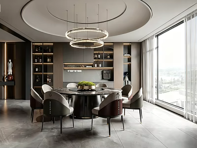 Elegant Modern Restaurant Interior With Round Dining Table Chandelier And Large Windows 3d model