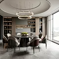 Elegant Modern Restaurant Interior With Round Dining Table Chandelier And Large Windows