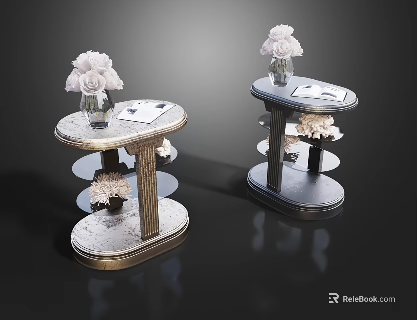 Two Multi Tiered Coffee Tables With Marble Tops Metal Frames White Flower Bouquets And Magazines 3d model 