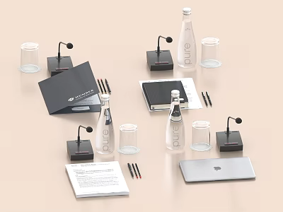 Desk Setup Featuring Black Folders Notebooks Water Bottles Glass Cups Microphone Stands Pencils Papers Laptop 3d model