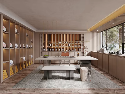 Modern Tea Room Interior With Wooden Shelves Long Table And Natural Light 3d model
