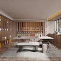 Modern Tea Room Interior With Wooden Shelves Long Table And Natural Light