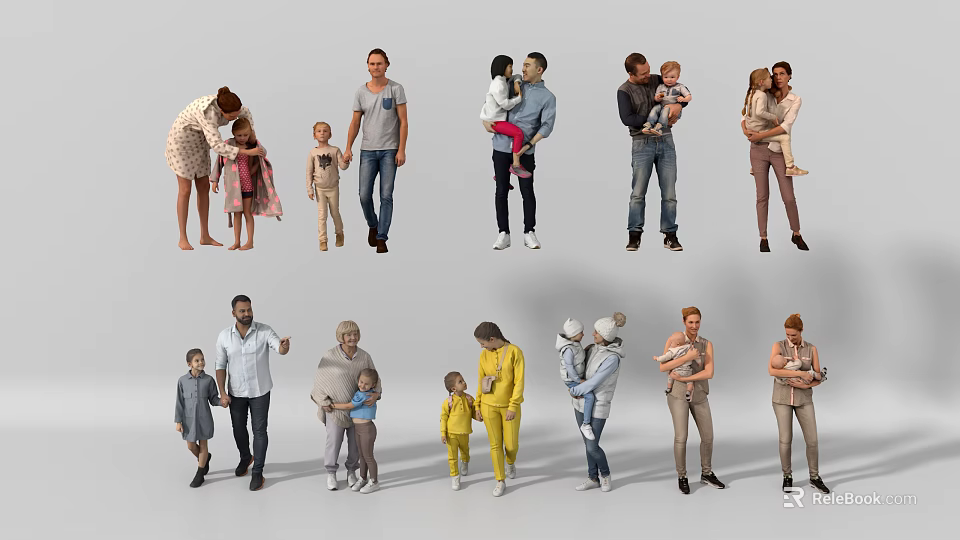 Group Of People Including Adults And Children In Various Interacting Poses 3d model 