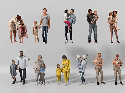 Group Of People Including Adults And Children In Various Interacting Poses 3d model