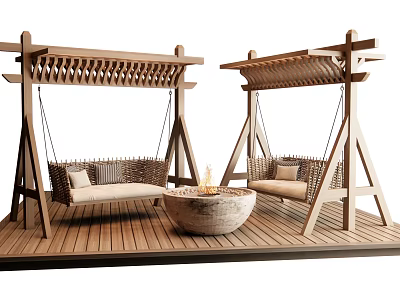 Wooden Outdoor Swing Chairs on Wooden Platform with Fire Pit and Pergola 3d model