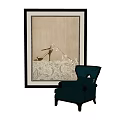 Dark Blue Armchair With Armrest In Interior Next To Large Framed