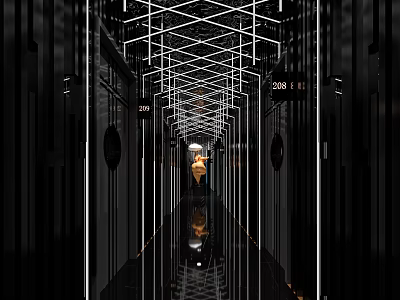 Modern KTV Hallway Featuring Crossed White Lighting Numbered Black Doors And Reflective Floor 3d model