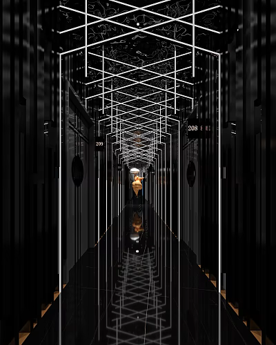 Modern KTV Hallway Featuring Crossed White Lighting Numbered Black Doors And Reflective Floor 3d model