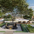 Overhead View Lush Courtyard Garden Landscape With Greenery Water Features Paved Paths And Seating Areas