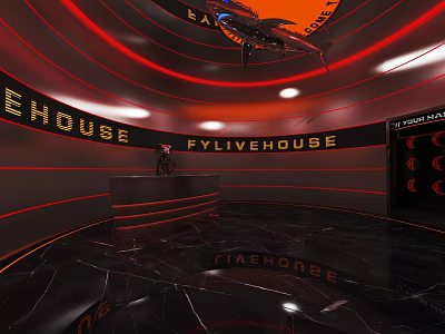 Modern Livehouse Bar With Red Black Decor Circular Structure And Neon Signage 3d model