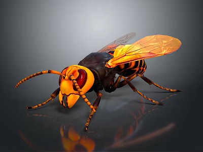 Yellow and Black Hornet with Red Eyes Orange Wings Detailed 3D Render Dark Background Reflection 3d model