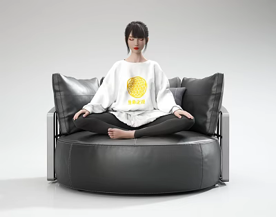 Woman Sitting Cross Legged On Black Leather Round Sofa Wearing White Top With Yellow Pattern 3d model
