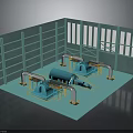Industrial Equipment Setup With Blue Piping In Facility And Green Wall Structures