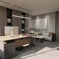 Modern Office Interior Design With Desk Bookshelves Sofa Coffee Table And Potted Plant