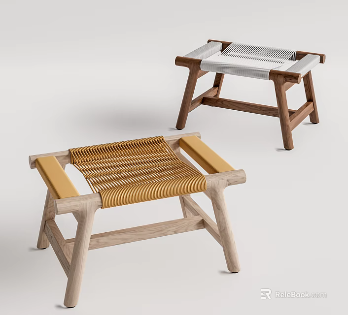 Modern Wooden Stools With Yellow And White Woven Seats Design 3d model 
