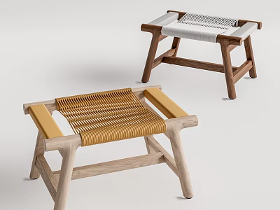 Modern Wooden Stools With Yellow And White Woven Seats Design 3d model