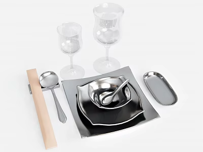 Modern Tableware Set With Stainless Steel Plates Spoons Glasses And Wooden Tray 3d model