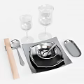Modern Tableware Set With Stainless Steel Plates Spoons Glasses And Wooden Tray