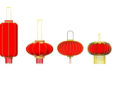 Traditional Red Hanging Chinese Lanterns with Various Decorative Styles for Festive Decorations 3d model