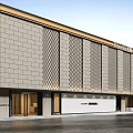 Modern Stone Storefront Facade With Lattice Panels And Brand Signage Lighting
