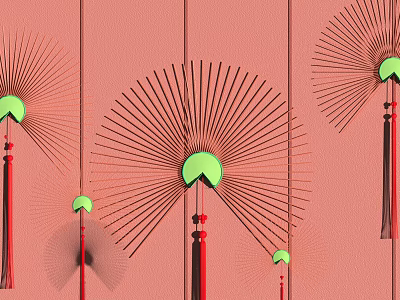 Decorative Fan Shaped Ornament Set With Red Tassels And Green Accents 3d model