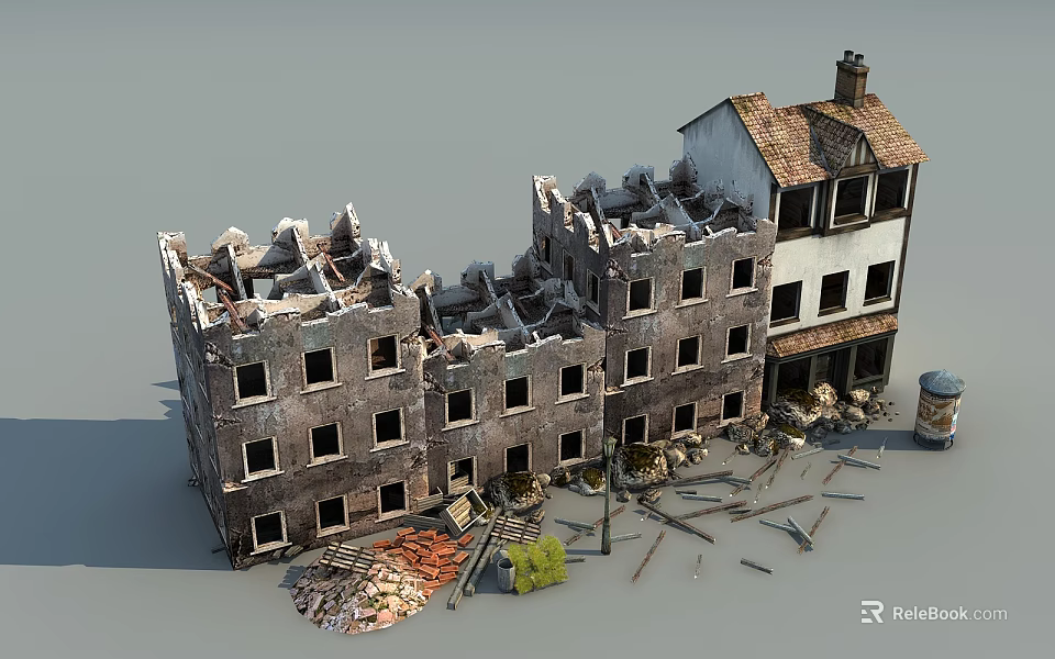 Burned Building Components With Damaged Walls Window Frames And Scattered Debris 3d model