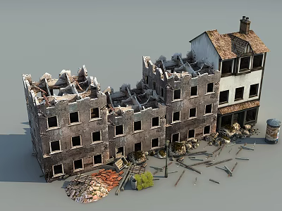 Burned Building Components With Damaged Walls Window Frames And Scattered Debris 3d model