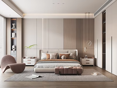 Elegant Modern Bedroom Interior Design With Upholstered Headboard Nightstands Accent Chair And Area Rug 3d model